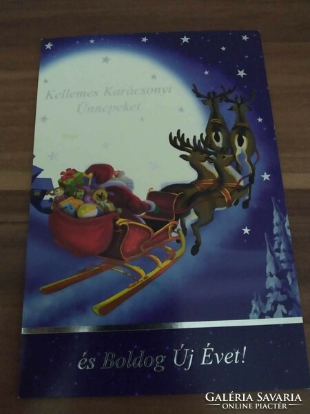 Régi karácsonyi képeslap, kinyithatós, télapó, rénszarvas