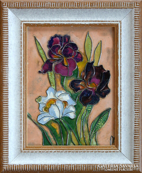 Margit Fehér: Irises - fire enamel - framed 27x22cm - artwork 20x15cm - 23/859