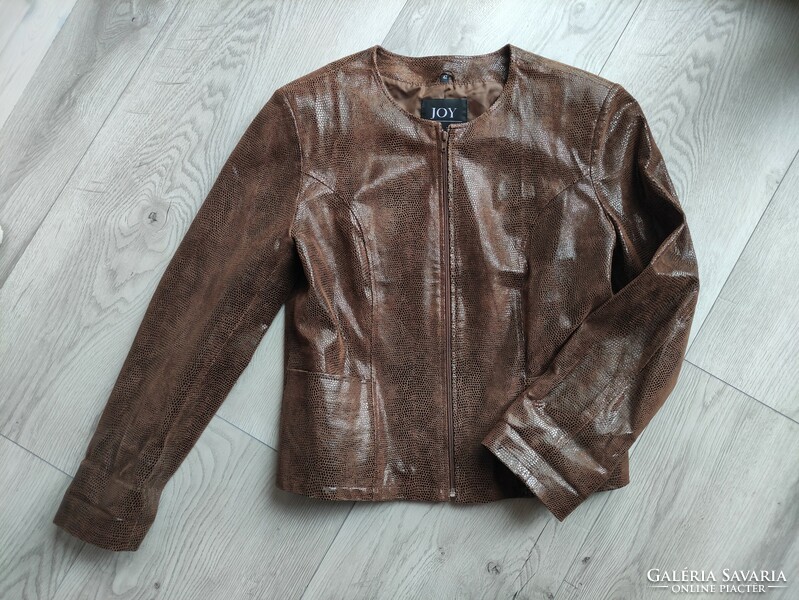Brown snake skin imitation elegant women's textile leather transitional jacket