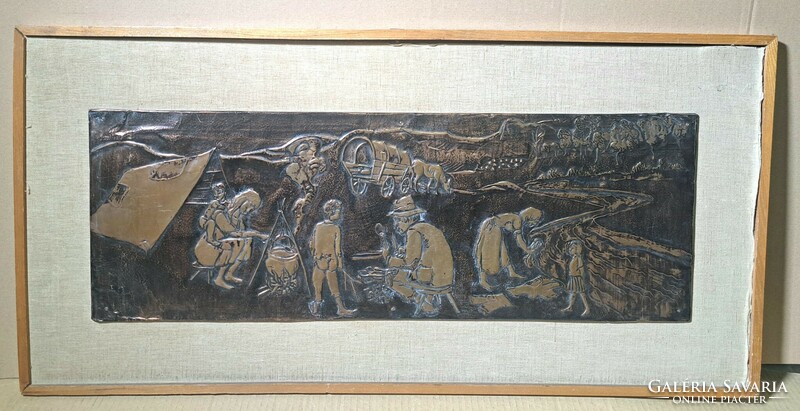 TÁBOROZÓ CIGÁNYOK (bronz dombormű, relief, plakett) roma életkép, emberek a természetben