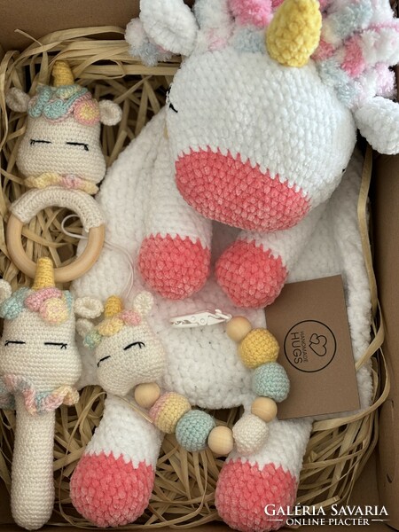 Unicorn baby set, baby shower gift (rattle, pacifier chain, pacifier)