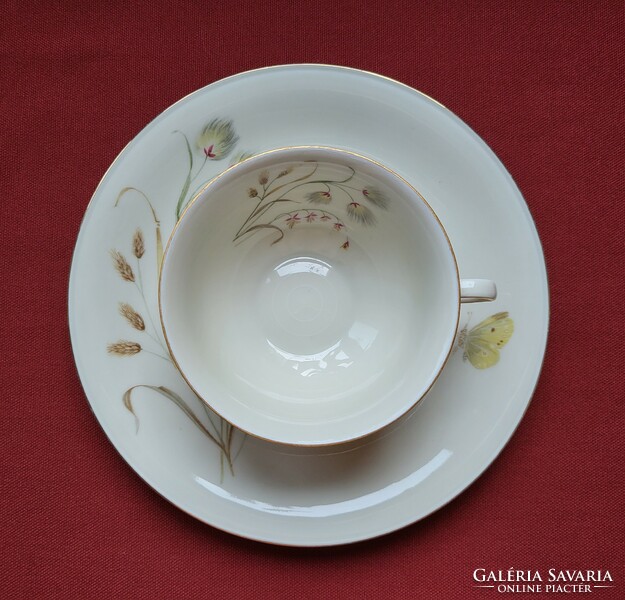Elfenbein Bavaria porcelán kávés teás reggeliző szett hiányos csésze kistányér tányér virág pillangó
