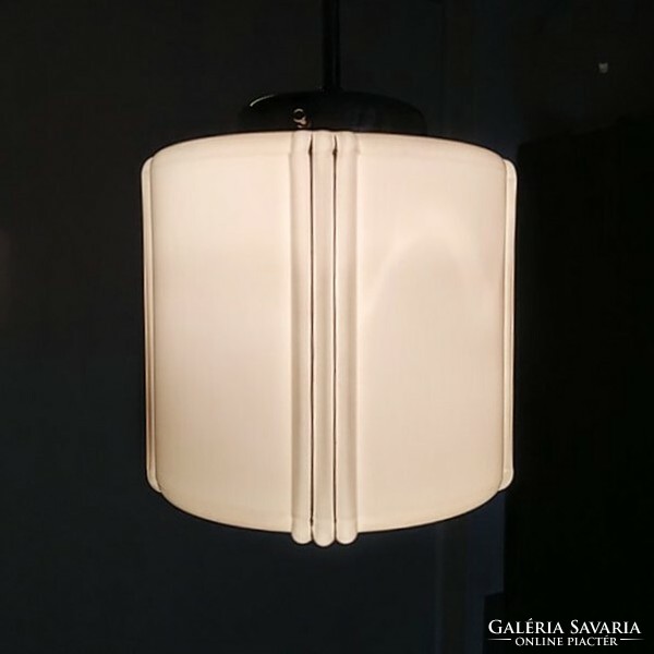 Art deco - streamlined nickel-plated ceiling lamp renovated - ribbed cream-colored cylinder shade