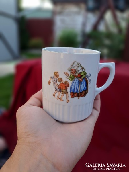 Jancsi Zsolnay and Juliska figure mug with fairy-tale characters, nostalgic memory, reminiscent of the past