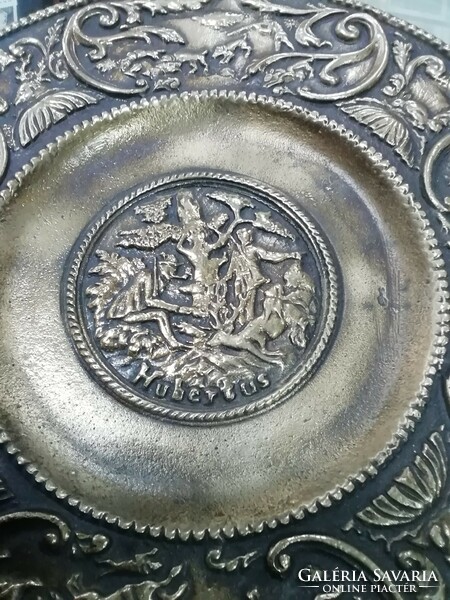 Bronze wall plate with hunting scene and st. With Hubertus