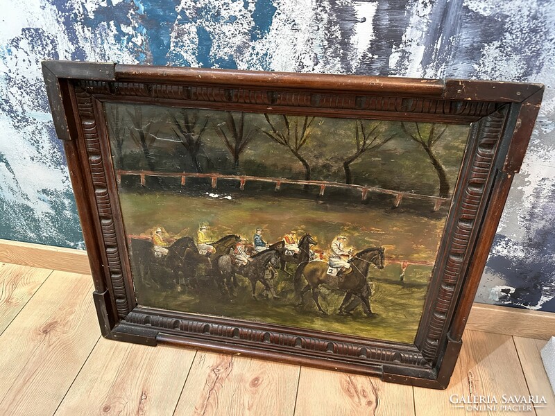 Antique horse race oil painting on wooden base in a thick carved frame