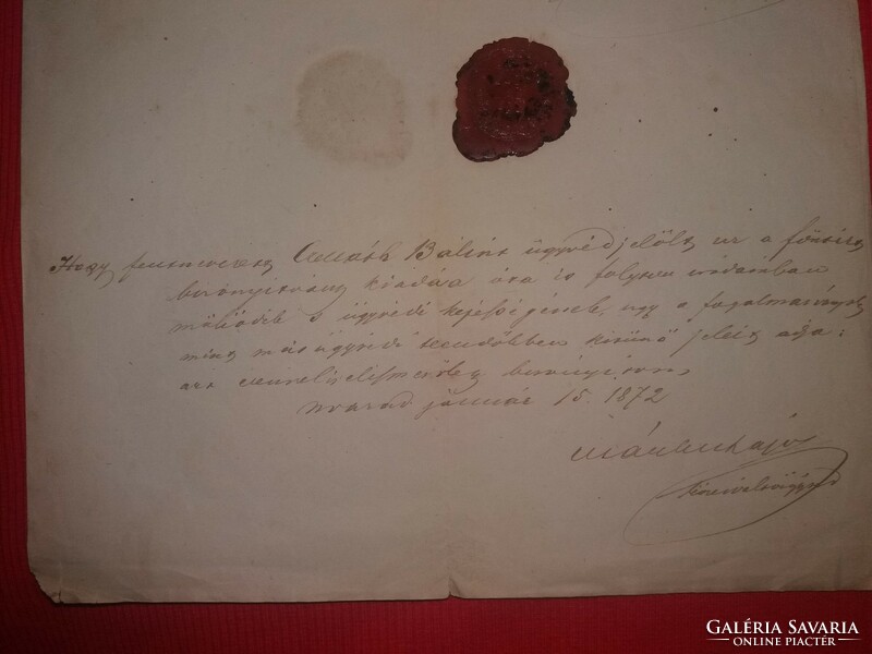 Antik 1872 Nagyvárad Celláth Bálint ügyvédi okirata viaszpecsétes ellenjegyezve, bélyegezve