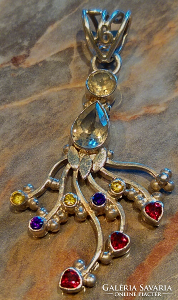7.5 cm! Unique silver pendant marked with precious stones (garnet, amethyst, citrine, zircon).