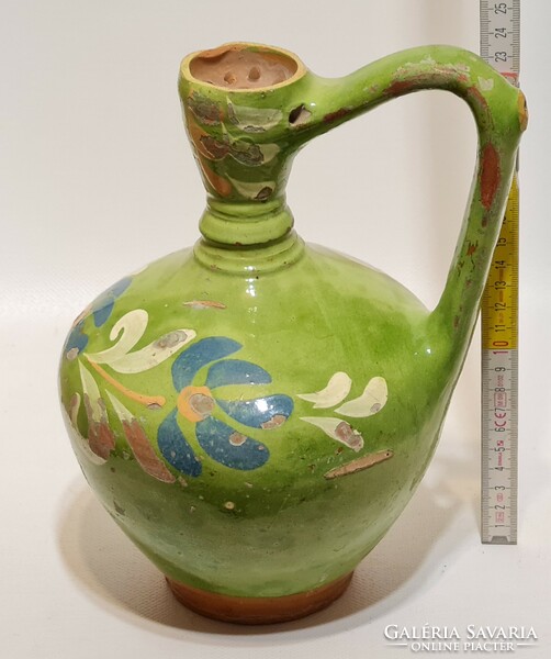 Mezőtúr, blue, white floral, light green glaze, folk ceramic water jug (2859)