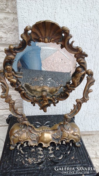 Antik bronz billegős angyakàs tükör ,pipere tükör. Asztali tükőr .Kivàlóvajàndèk dekoràció gyüjtemèn