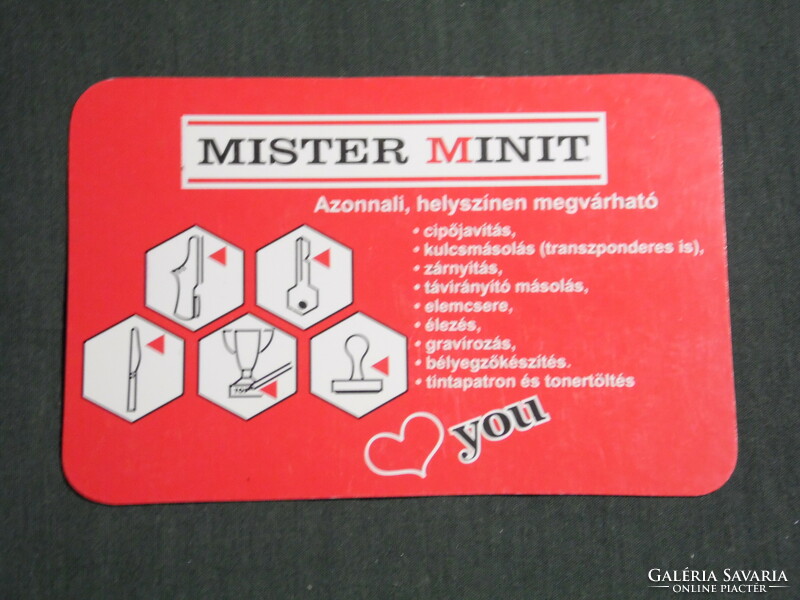Kártyanaptár, Mister Minit cipőjavítás, kulcsmásolás, grafikai rajzos,reklám, 2013,   (3)