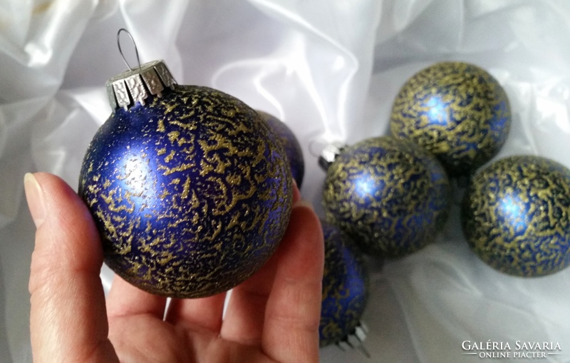 Old Christmas blue glass balls with gold glitter, Christmas tree ornaments diameter 6cm