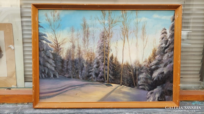 Járo f. Oil-on-wood snowy landscape painting with markings