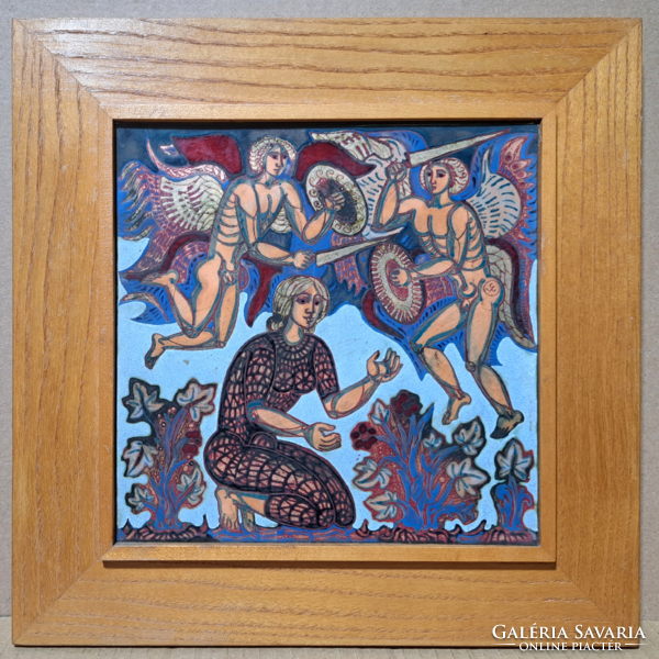 Stefániay Edit (1936-2010): Bibliai jelenet angyalokkal - tűzzománc falikép, szakrális