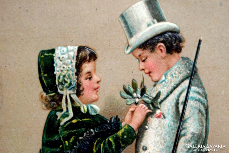 Antique embossed New Year greeting card - little girl, little boy in elegant clothes, mistletoe