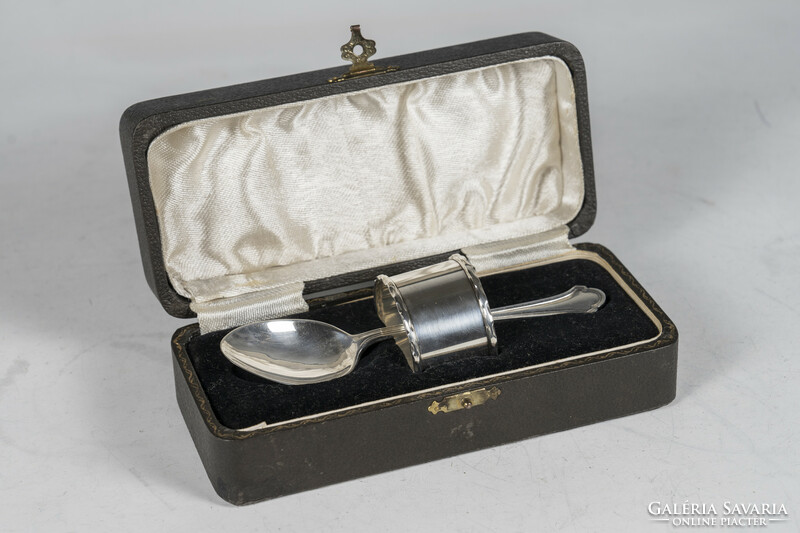 Silver christening set - spoon and napkin ring in gift box