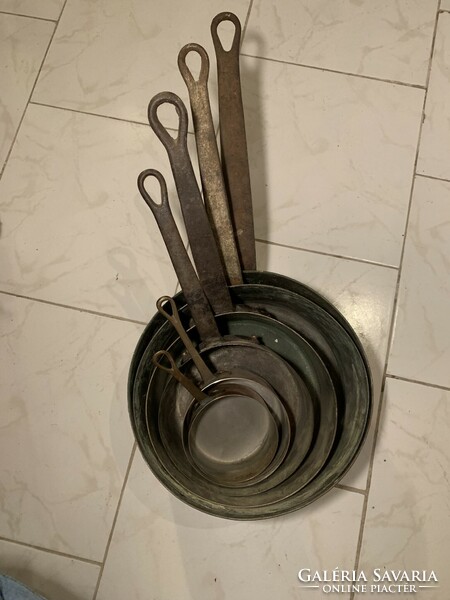 Set of 6 old copper pots and pans