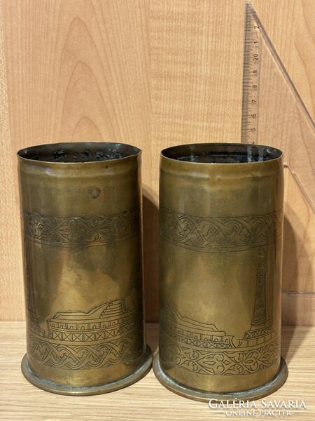 World War 1 sleeve vase with a pair of Egyptian themed decorations