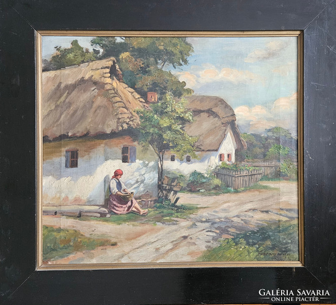 Street scene with a village theme, signed Ferency
