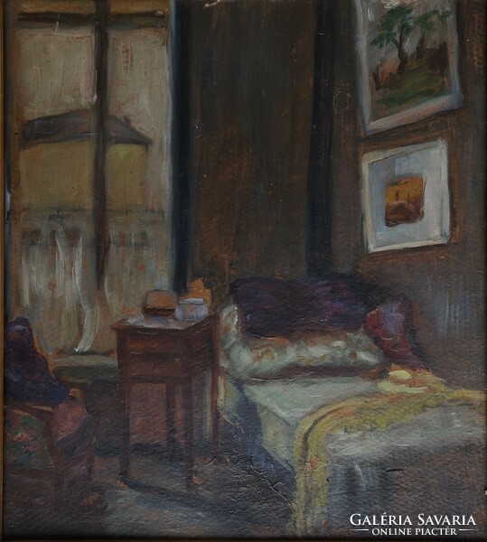 Interior with paintings. Signed oil painting. Approx. 1930s.