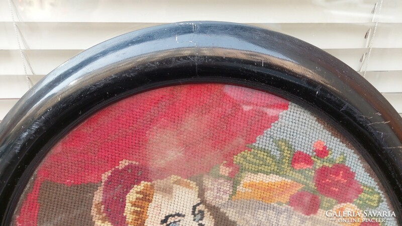 2 Old oval glazed black wooden picture frames with tapestry, inside size 50x40 cm