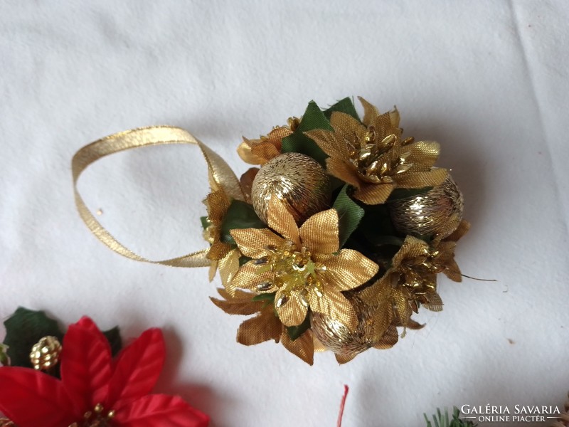 Arany-piros karácsonyi ünnepi dekorációk, harang, gömbdísz, Mikulás papírgömb, mikulásvirág