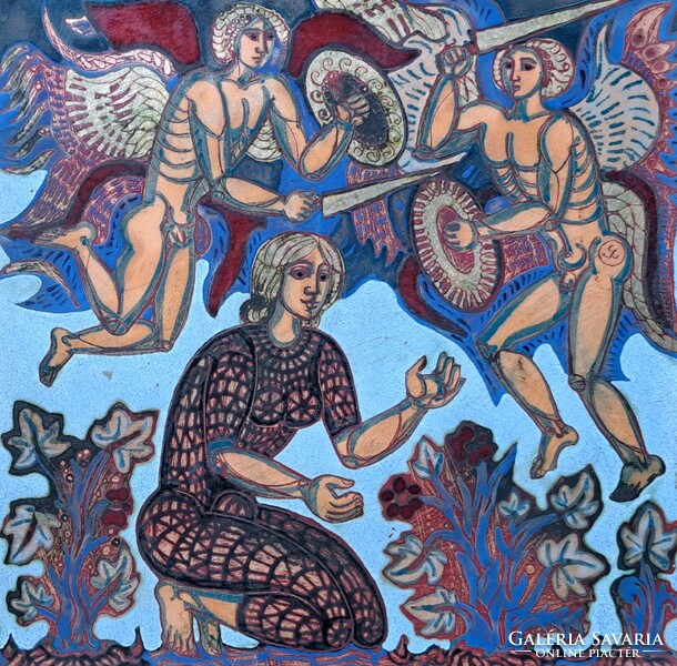 Stefániay edit (1936-2010): biblical scene with angels - fire enamel mural, sacred