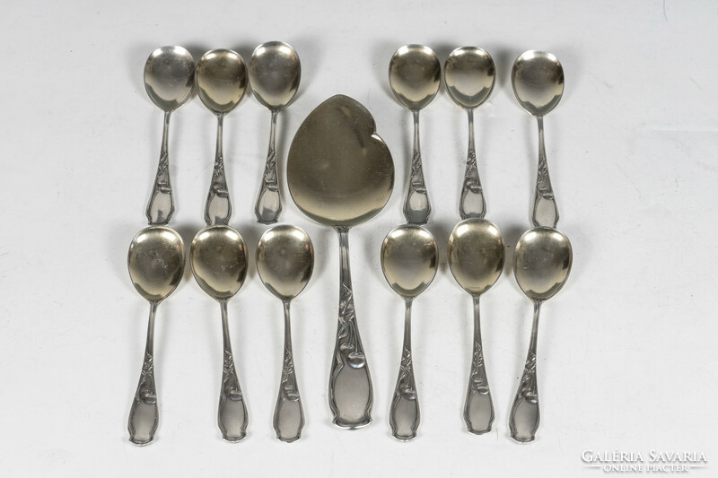 Silver art nouveau pudding/cream spoon set with serving dish (12 persons)