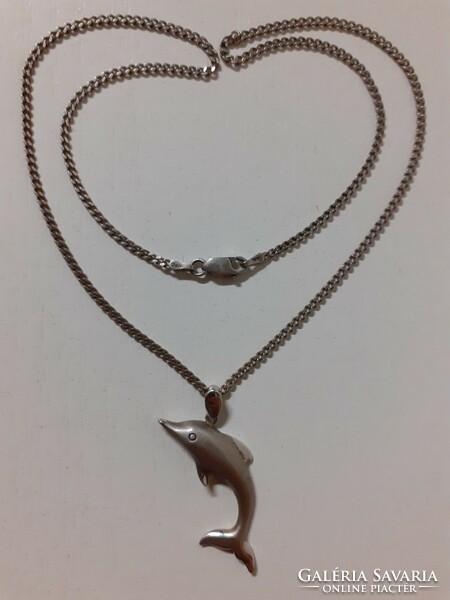 Marked silver 925 thick necklace with a large dolphin pendant in marked silver