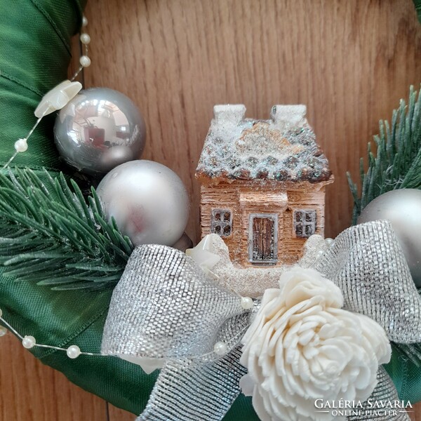 Door decoration with a house in silver color scheme
