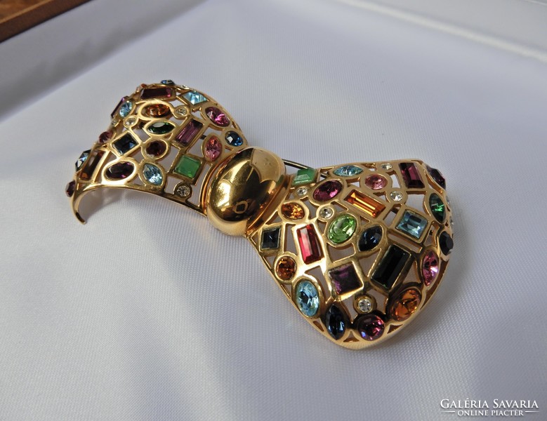 Old Airold Italian large gilded silver brooch with gemstones