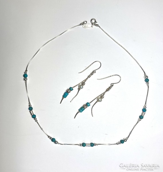 Israeli silver jewelry set: necklace and earrings, with turquoise and pearls, magnolia