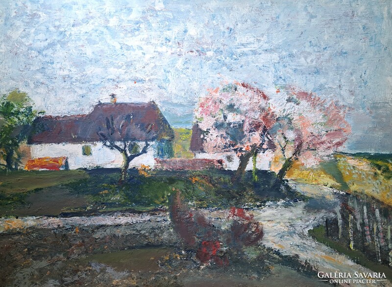 Ernő Detrői: spring on the vineyard (oil painting) 1970s, featured in gallery exhibition
