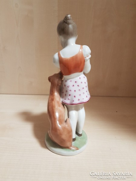 Színes herendi(kézzel festett) porcelán figura, lány kutyával