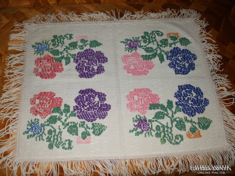 Antique embroidered, fringed needlework tablecloth with interesting embroidery, such tablecloths are no longer made