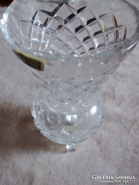 Special! Old crystal vase standing on 3 legs, marked, unused, top diameter: 9.5 cm, bottom diameter