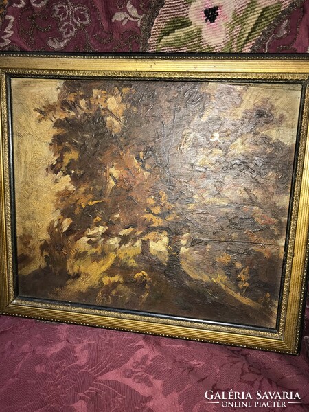 Old autumn landscape oil painted on wooden sheet, wooden sheet