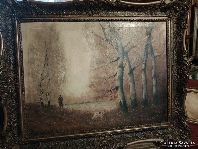 Oil painting with hunting dog - csáky sign