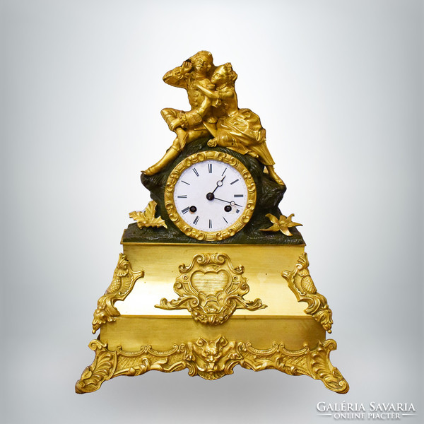 French fireplace mantel clock, figural gilded bronze case