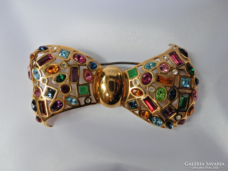 Old Airold Italian large gilded silver brooch with gemstones