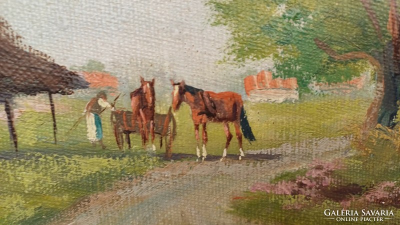 János Harencz oil on canvas painting. Good size 40 x 25 cm. Busy picture of village life with horses, picture 1
