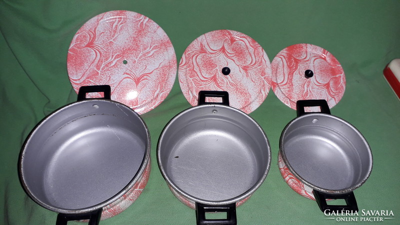 Old sheet metal factory baby kitchen cooking pot set with lid, dimensions and condition according to the pictures