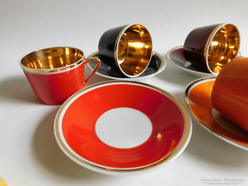 Rare Hólloháza retro colorful coffee sets, gilded inside - 4 pieces