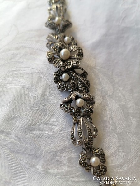 Showy silver + true pearl + marcasite richly decorated bracelet