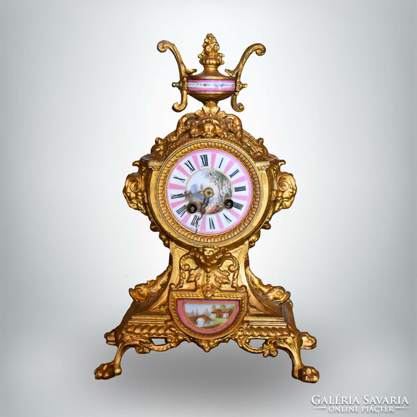French oven mantel clock, hand-painted dial and inlays
