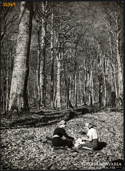 Larger size, photo art work by István Szendrő. Girls in the woods, picnic, 1930s.