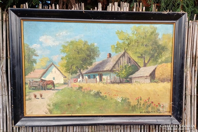János Harencz oil on canvas painting! I am also announcing a couple! 40 X 25 cm picture with horse, farm..