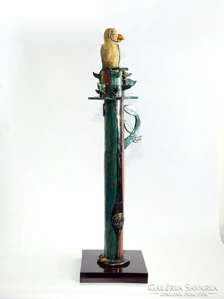 Parrot on the pole 100cm | luster-glazed ceramic 26x26cm polished base flower corner flower garden