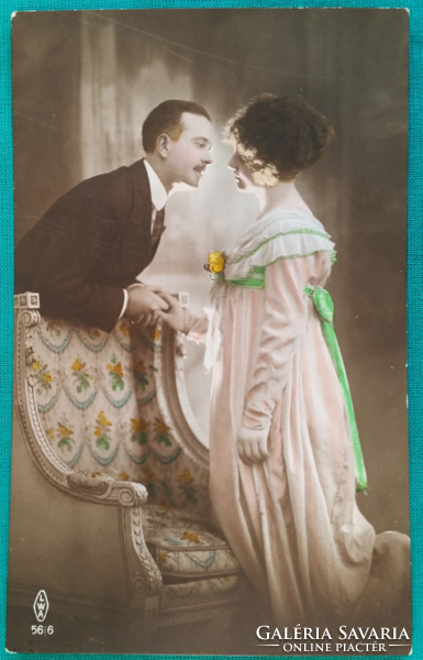 Antik színezett romantikus képeslap - futott