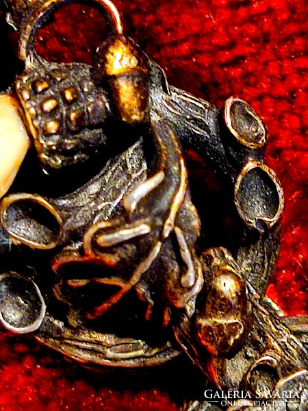 Silver hunting chain, mini trophies, dragon slaying St. George talisman, rock crystal, snow boots,
